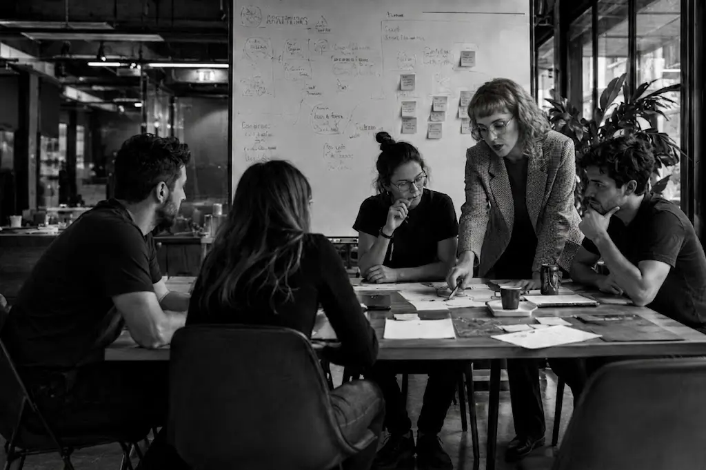 Mari Marcílio conduzindo um workshop ao redor de uma mesa