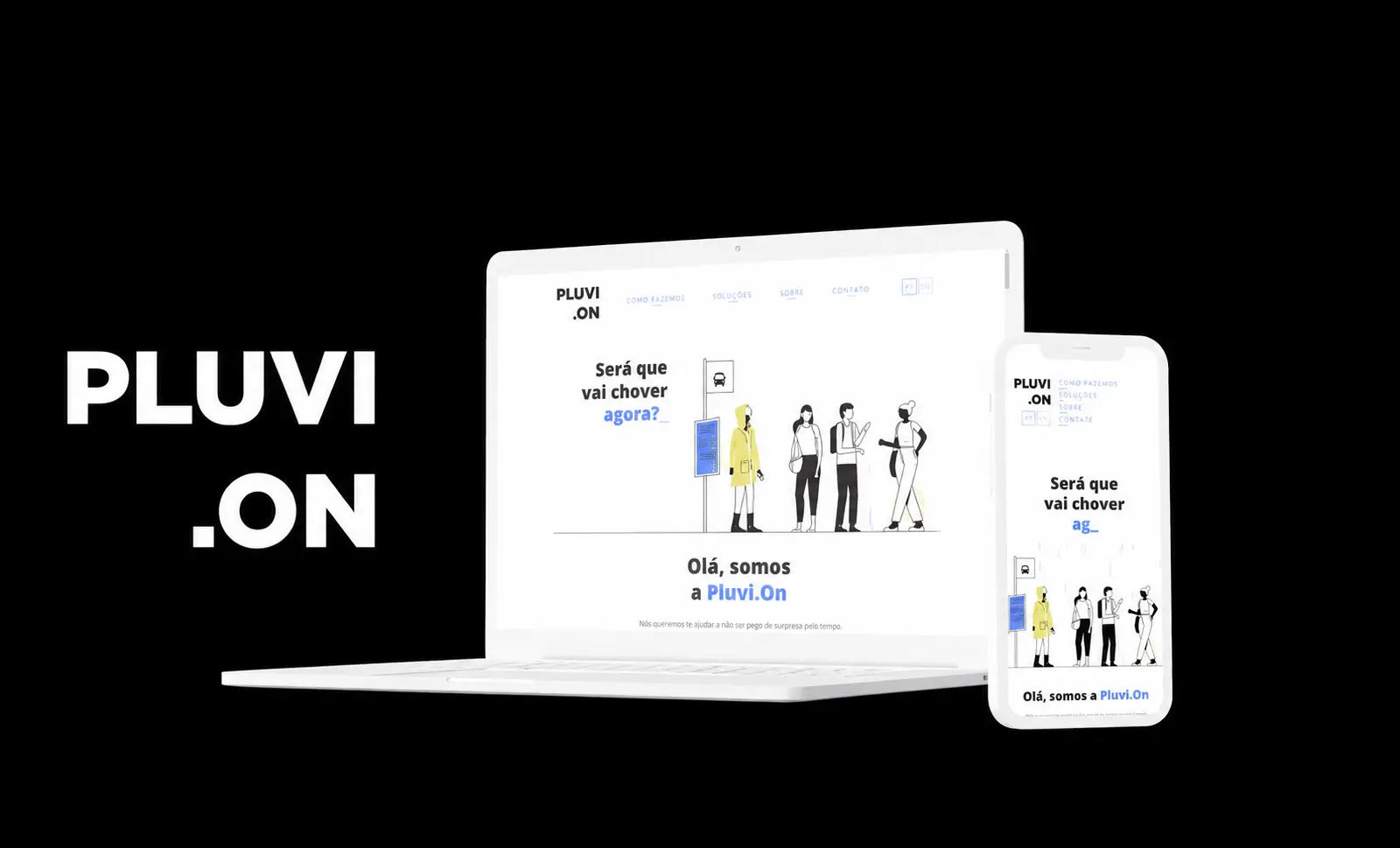 Site da Pluvi.On apresentado em um computador e um celular